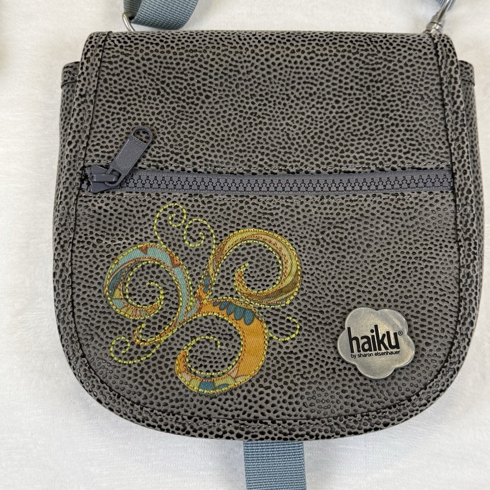 Haiku by Sharon Eisenhauer Gray Crossbody Travel Bag Embroidered Floral